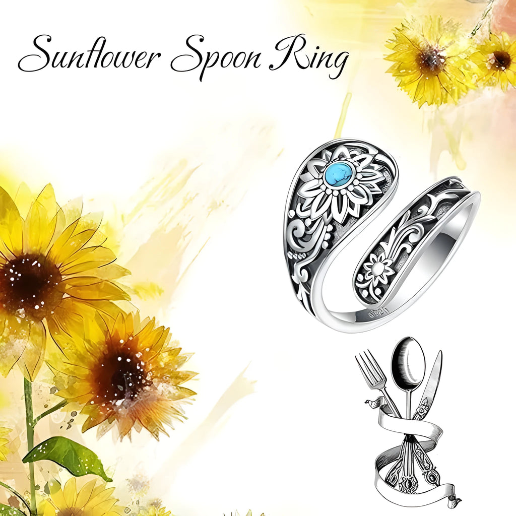 Silver alloy adjustable ring with sunflower flower shape and turquoise accent, Bohemian style for women