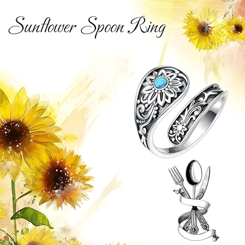 Silver alloy adjustable ring with sunflower flower shape and turquoise accent, Bohemian style for women