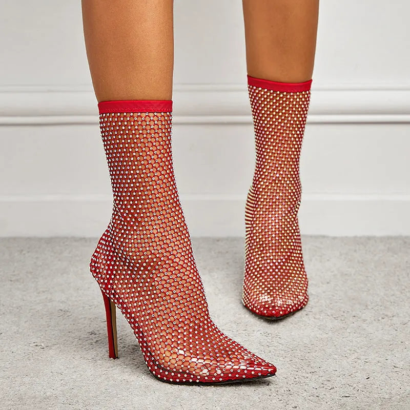 Women's pointed-toe stiletto hollow mesh sandals with oversleeves in black red white sizes UK 3 to 8