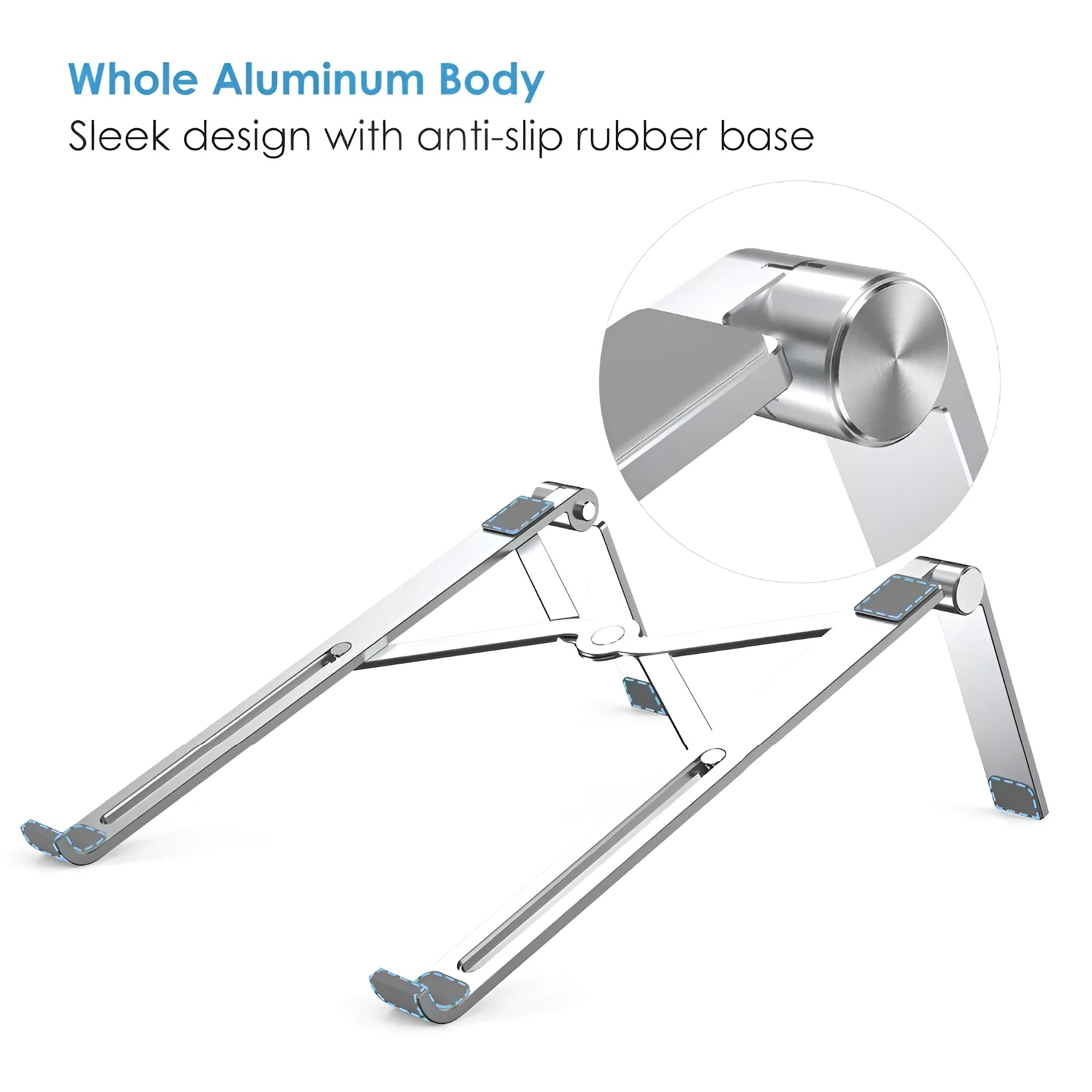 Black aluminium notebook stand supporting a silver laptop on a desk.