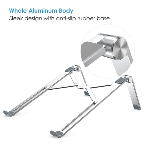 Black aluminium notebook stand supporting a silver laptop on a desk.