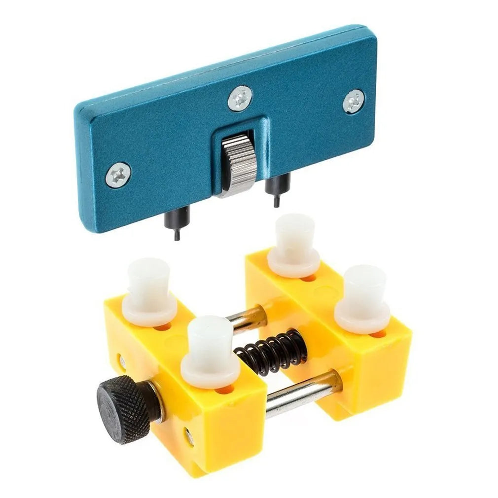 Yellow plastic watch case opener tool and fixing base with four pillars for DIY repair.