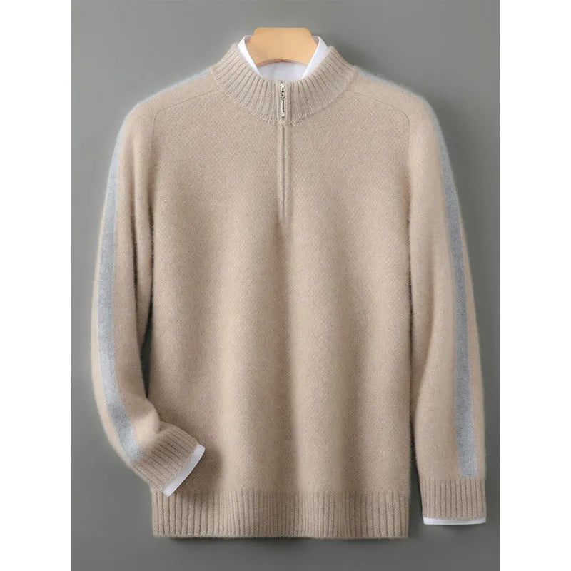 Half-height zip round neck slim fit wool sweater in raw velvet camel colour
