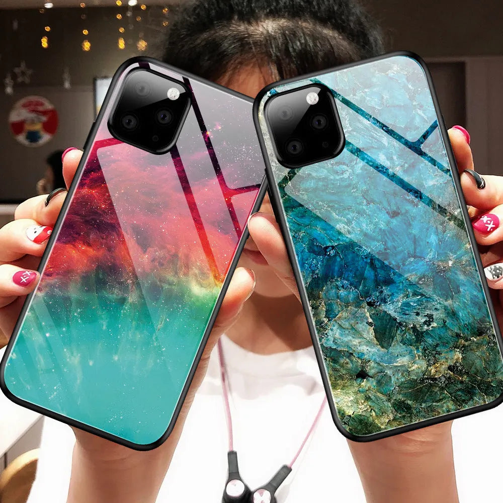 Customised gradient glass phone case with TPU and glass layers, 1.5mm thick, simple style, multiple iPhone models