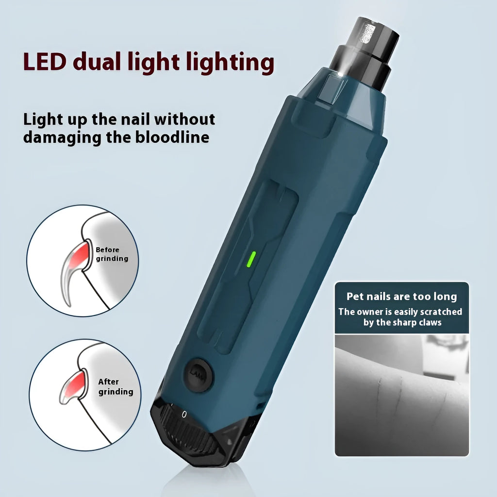 Dark blue electric pet nail grinder with rotary knob, LED light, and fine grinding head.