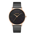 Men's quartz watch with round 40mm alloy case and pin buckle strap in a black and rose gold colour style