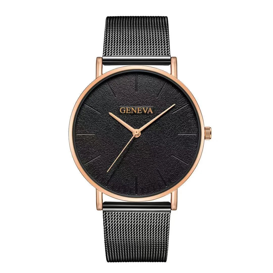 Men's quartz watch with round 40mm alloy case and pin buckle strap in a black and rose gold colour style