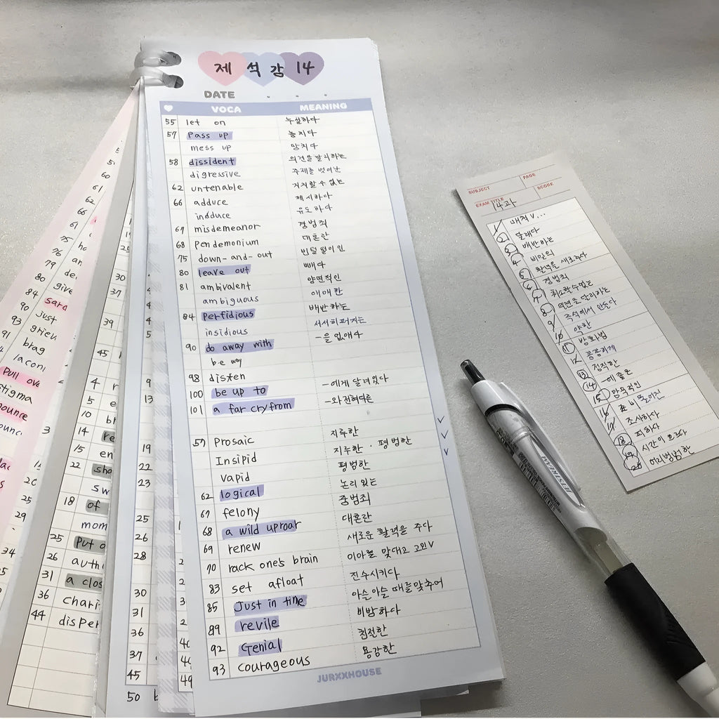 Vertical half-B5 notepad with blue cover, showing 30 pages for English word lists.