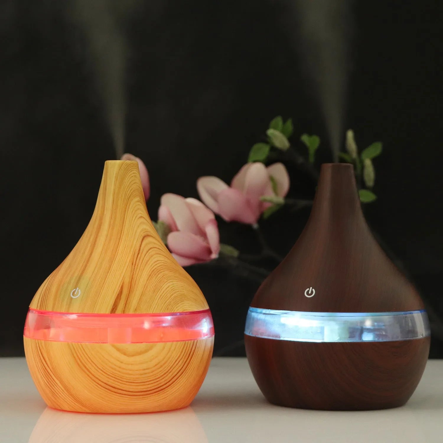 USB mini air purifier humidifier with wood grain finish in columnar shape for small rooms.