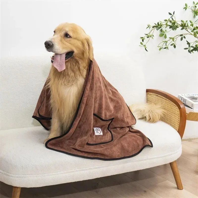 Dog bath towel with glove pocket in blue, brown, gray, green or pink, sizes L 130x70cm and M 100x50cm