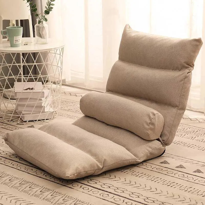 Lazy sofa floor chair with adjustable backrest in beige fabric for living room or balcony modern tatami style