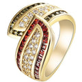 Gold-coloured peridot fashion ring for women on a white background.