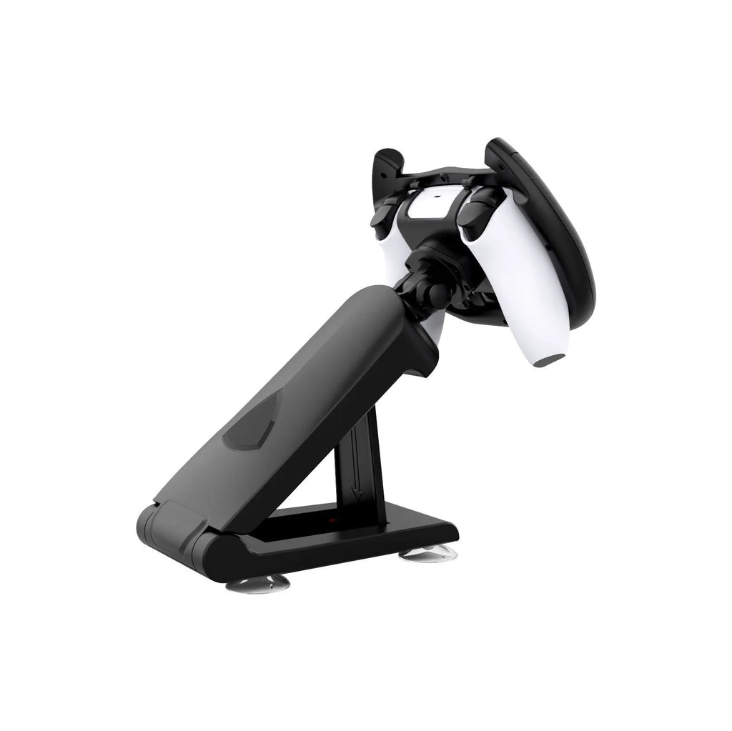 Black ABS plastic steering wheel bracket with suction cup for attaching a mobile phone to a gamepad.