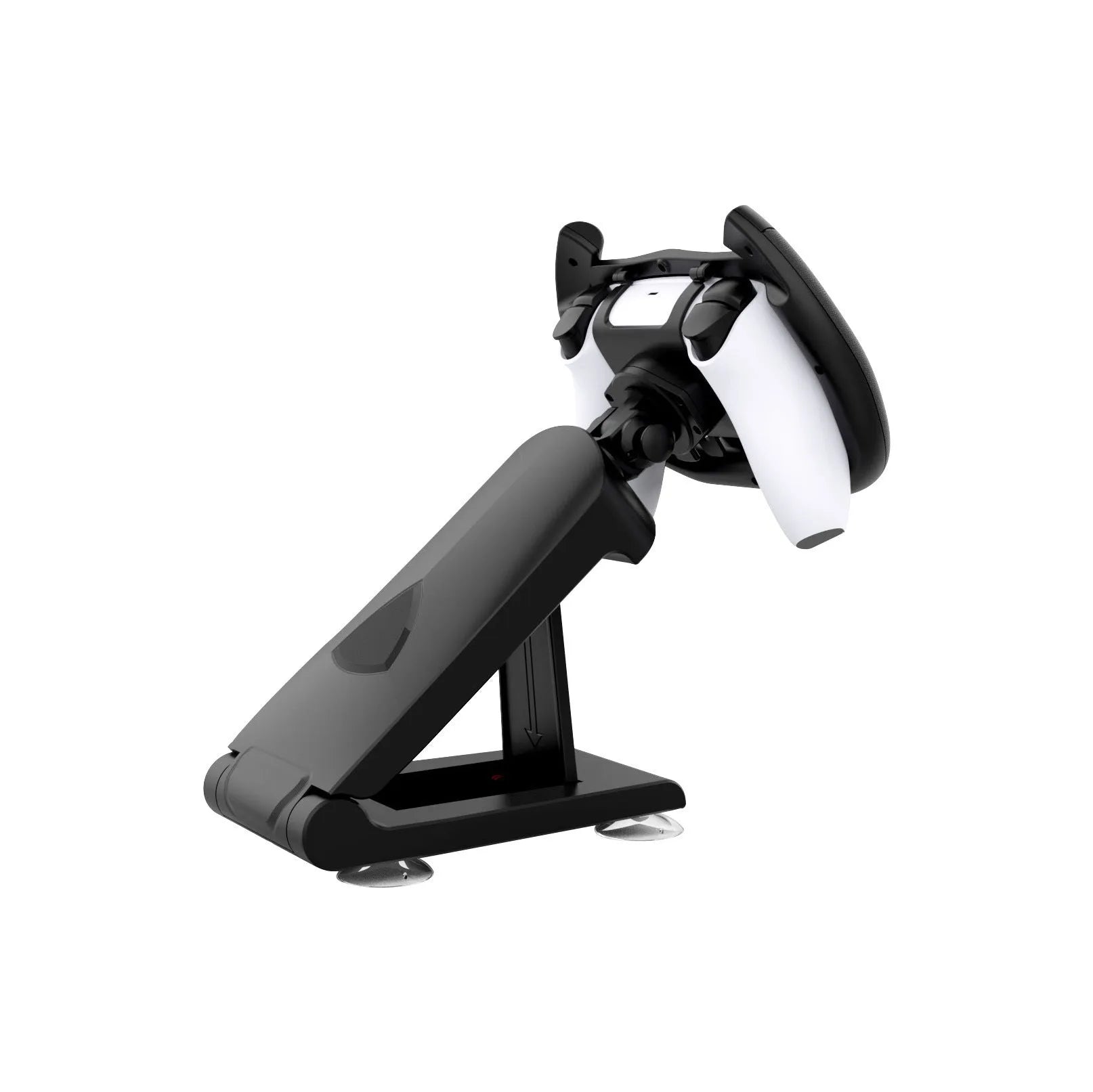 Black ABS plastic steering wheel bracket with suction cup for attaching a mobile phone to a gamepad.