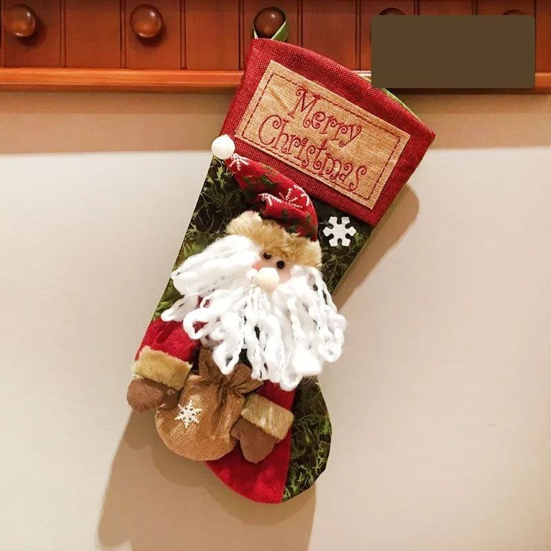 Cloth Christmas stocking with 3D applique design, sturdy hanging loop, and mixed colours for holiday decoration
