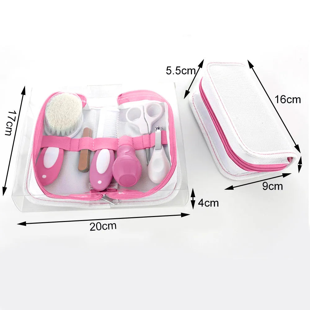 Crimson cherry pink case containing a 6-piece baby nail comb and grooming care set.