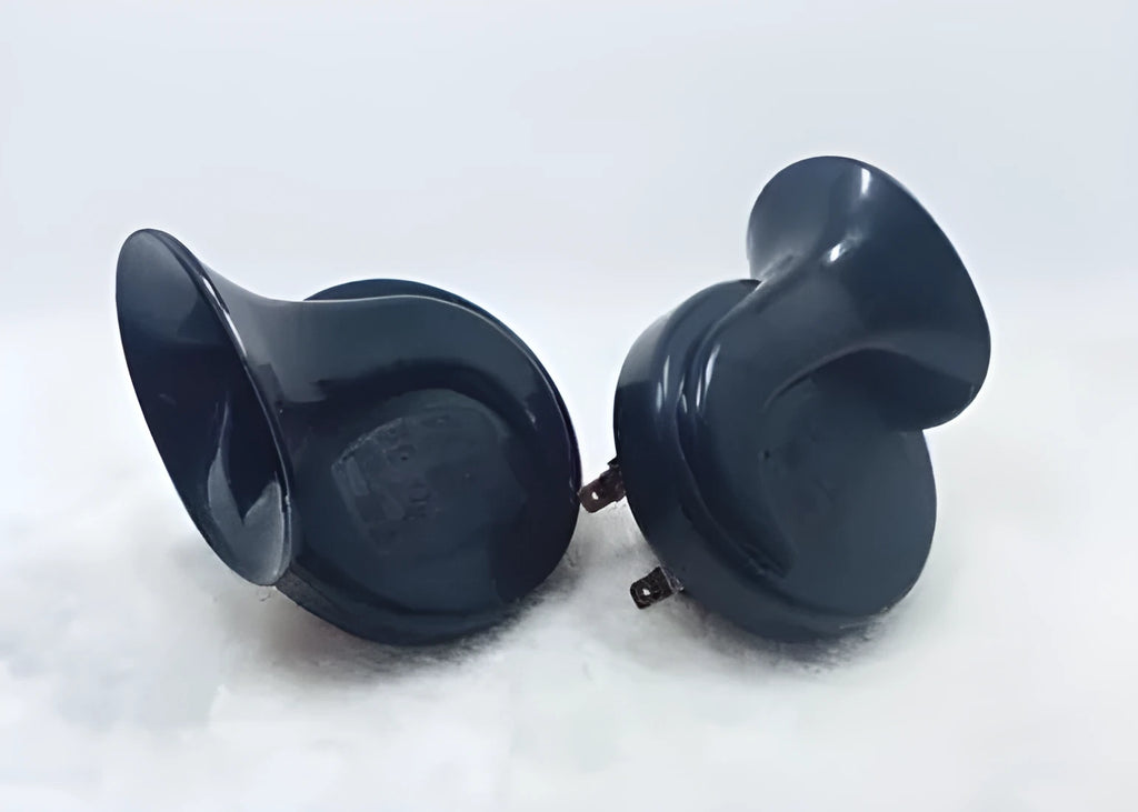 Red and black 12v snail horn with two-tone high and low frequencies