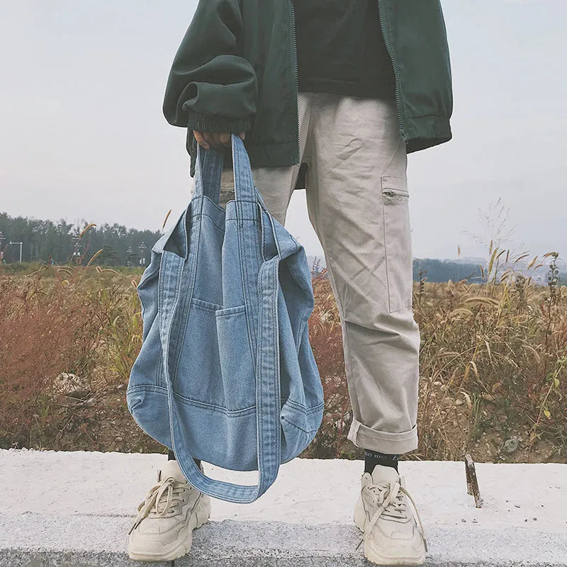 Large canvas tote bag in dark blue or light blue with polyester lining, women's shoulder bag.