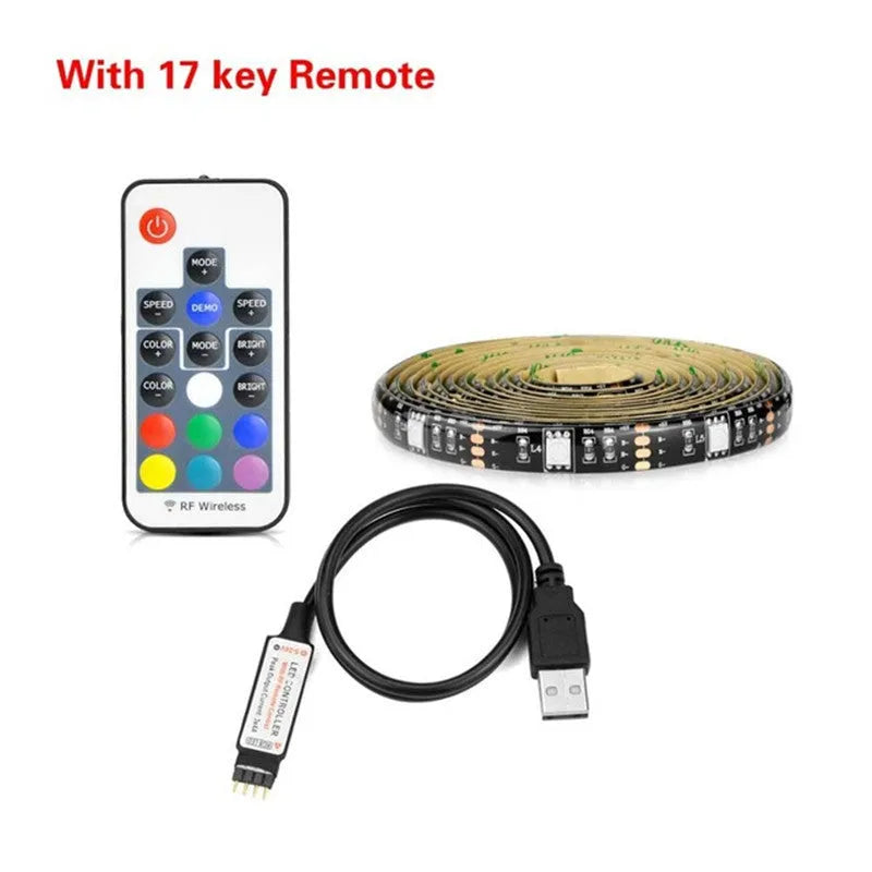 Flexible LED light strip bent into shape, showing individual LEDs and adhesive backing, next to a remote control.
