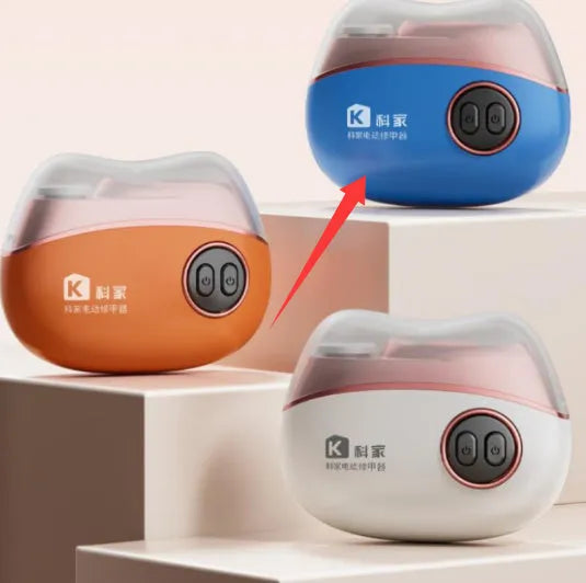 Blue, orange, and white electric nail clipper and polisher two-in-one device with USB charging cable and cleaning brush.