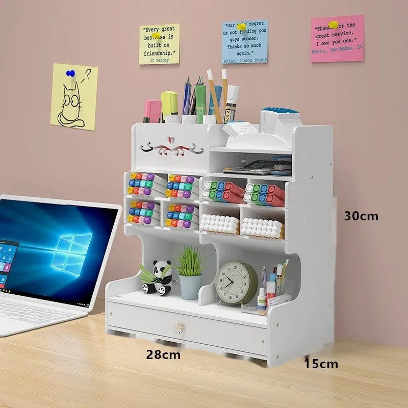 Square white plastic pen storage box with multiple oblique insertion grid compartments for organisation.