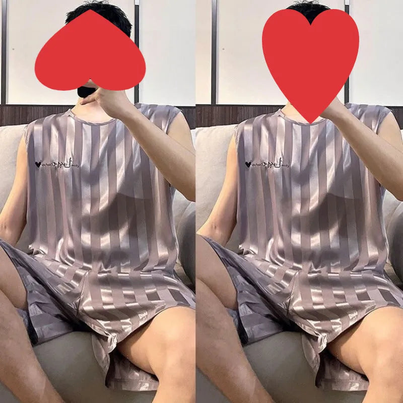 Men's ice silk vest and shorts summer pajama set in black, sleeveless with embroidery, on a plain background.