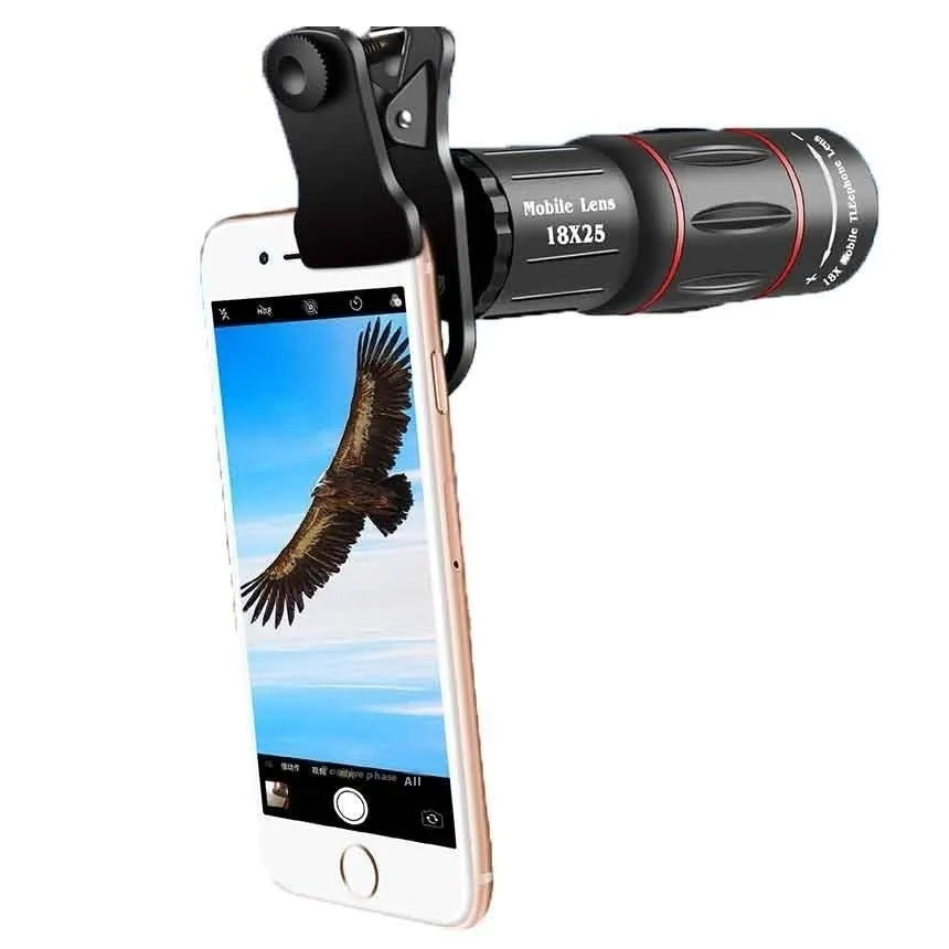 Mobile phone long-focus telephoto lens bracket set with 18× monocular telescope standard set on a smartphone