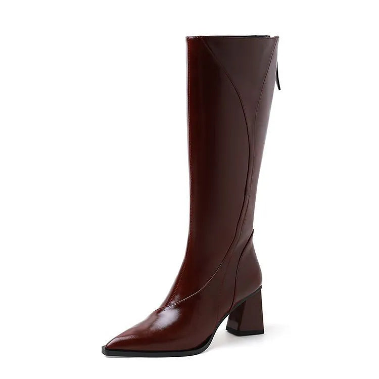 Retro brown cowhide women's riding boots with a high shaft and waterproof platform heel.