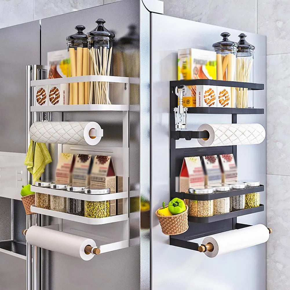 Magnetic wall-mounted kitchen side shelf in black on refrigerator with quick-draining metal design