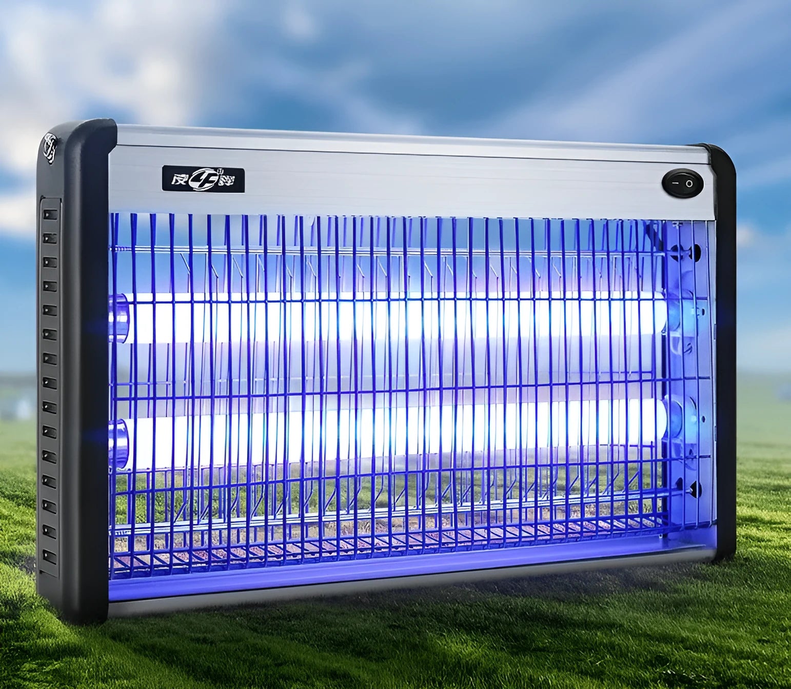 Electric mosquito killing lamp with UV light tube and internal grid for indoor fly and insect control.