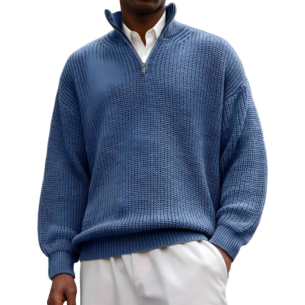 Men's half zip polo neck sweater, long sleeve loose fit pullover in black, gray, navy blue, green, brick red, army green, blue or brown