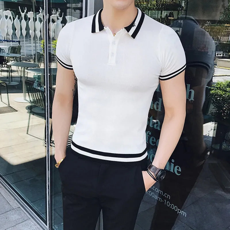 Men's slim fit short sleeve casual polo shirt in black front view