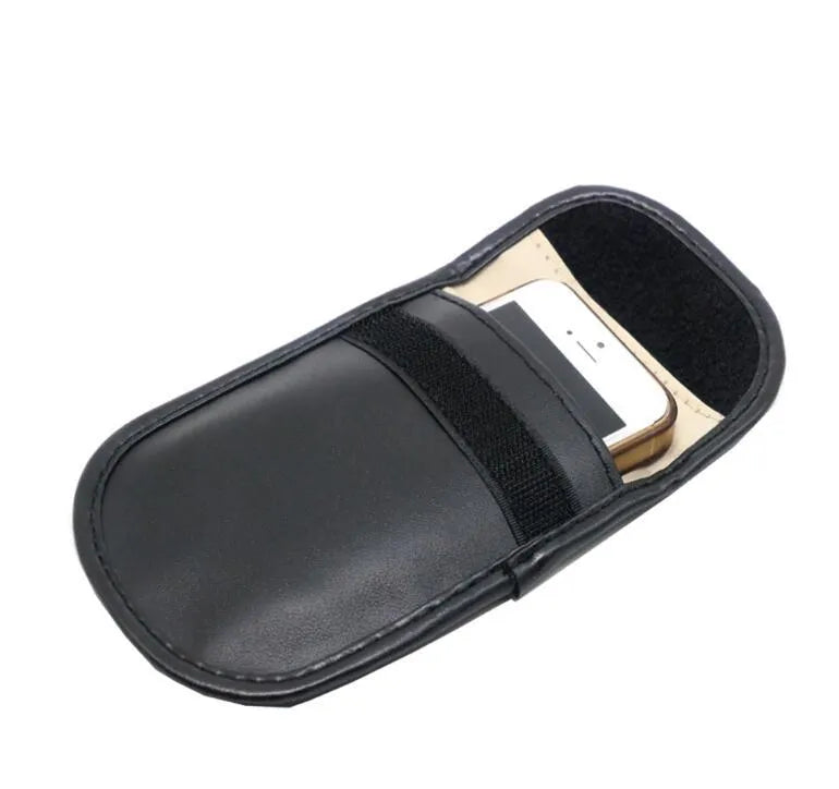 Black microfiber Faraday cage RFID blocking bag for car keys and cards.