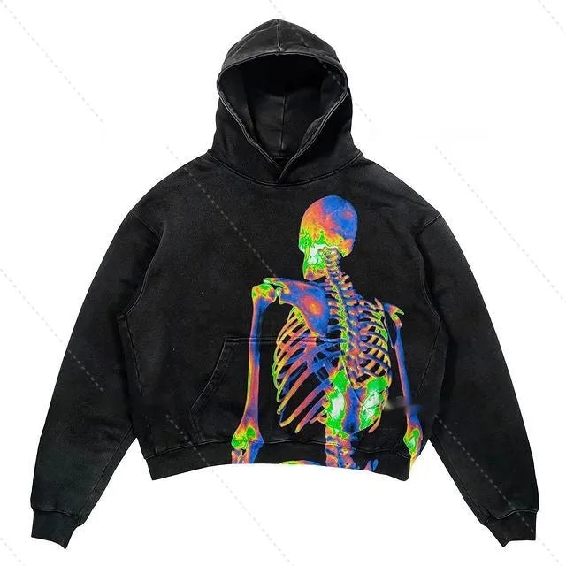 Punk design printed hoodie with 3D effect pattern, loose fit, thick polyester, long sleeves, multiple colour options
