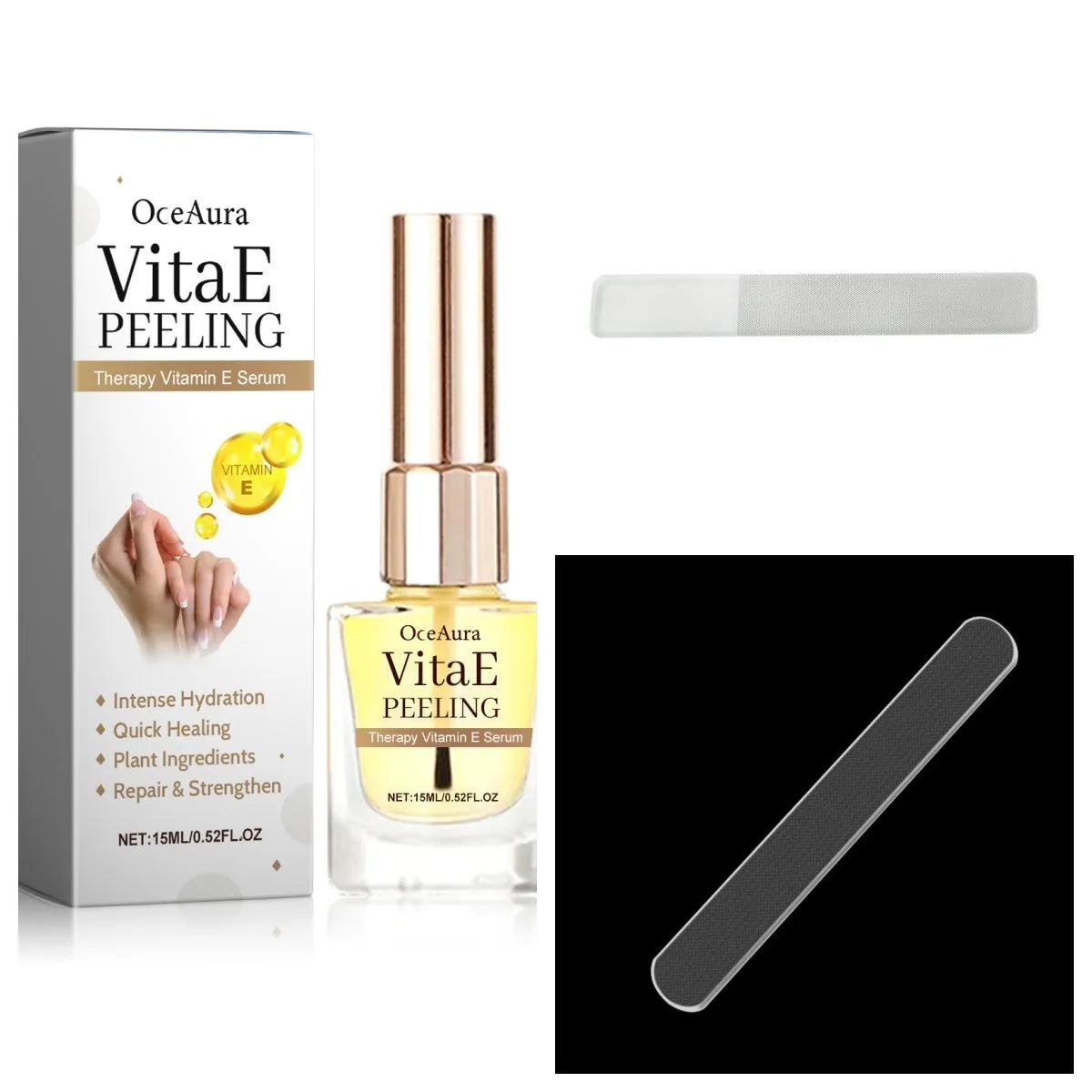 Nail anti-bite bitter nail water 15ml set with treatment solution and two nail files on a white background