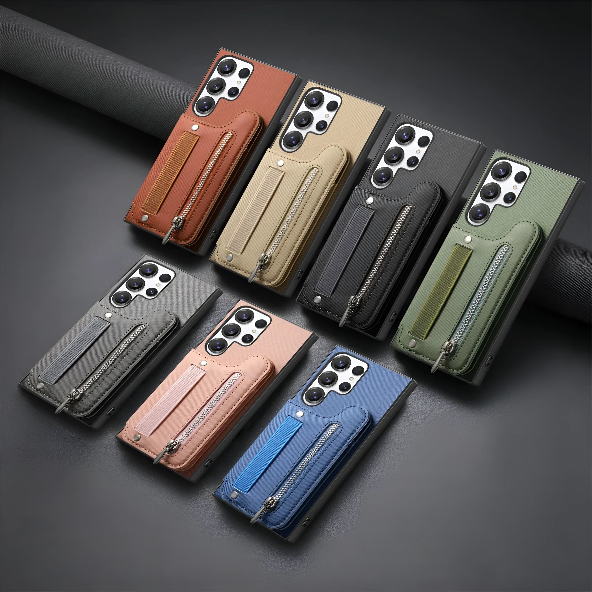 Wristband wallet card holder phone case in imitation leather with embossed finish for Samsung, featuring bracket and multiple colours