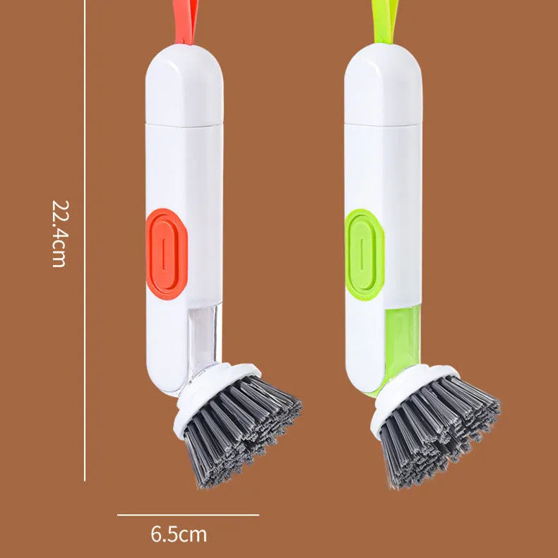 White and green liquid-filled cleaning brush with soap dispenser handle and two brush heads for kitchen cleaning