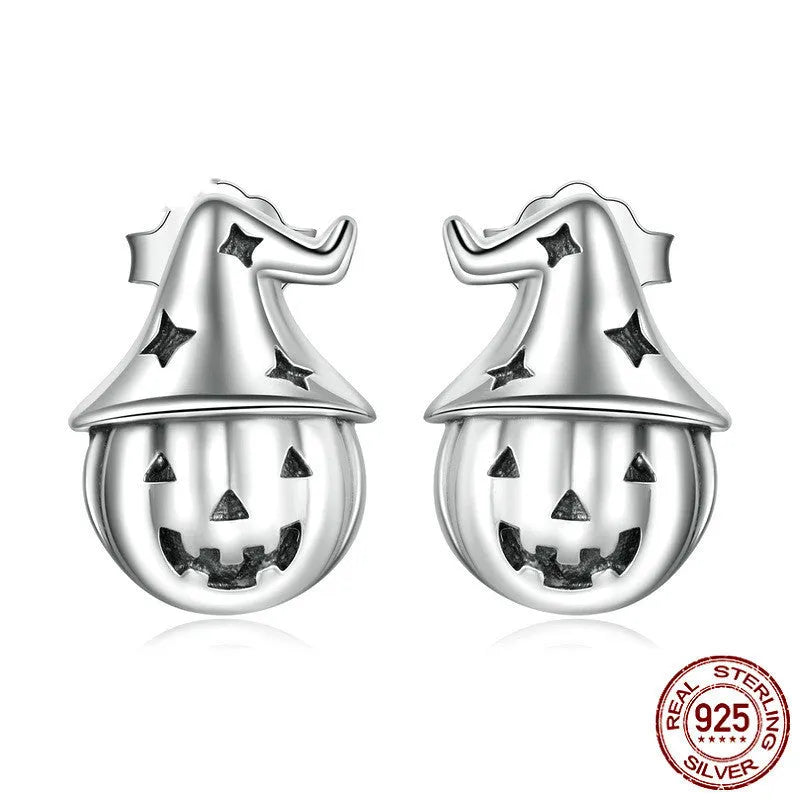 Wansheng pumpkin S925 sterling silver stud earrings, geometric horror element design, BSE537, 1x0.7cm, one pair