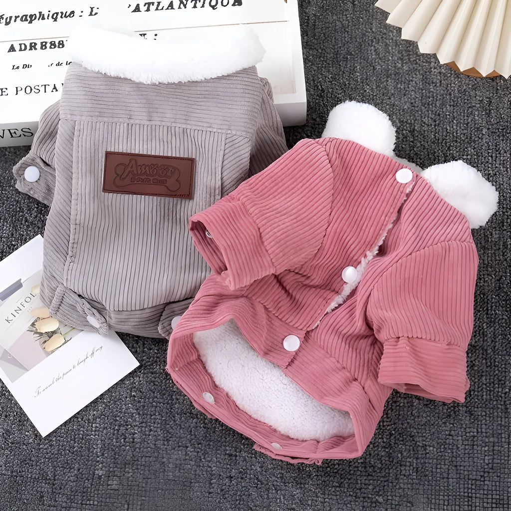 Grey lambswool dog vest with fleece lining, shown on a small dog.