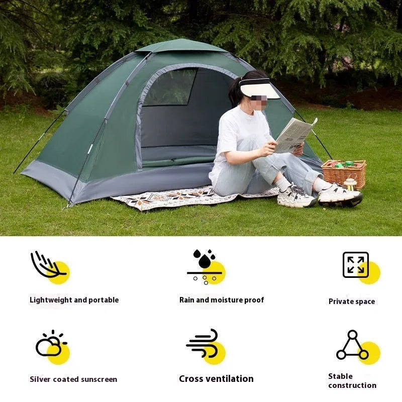 Single-person camping tent in Army Green colour with manual setup poles and compact storage size