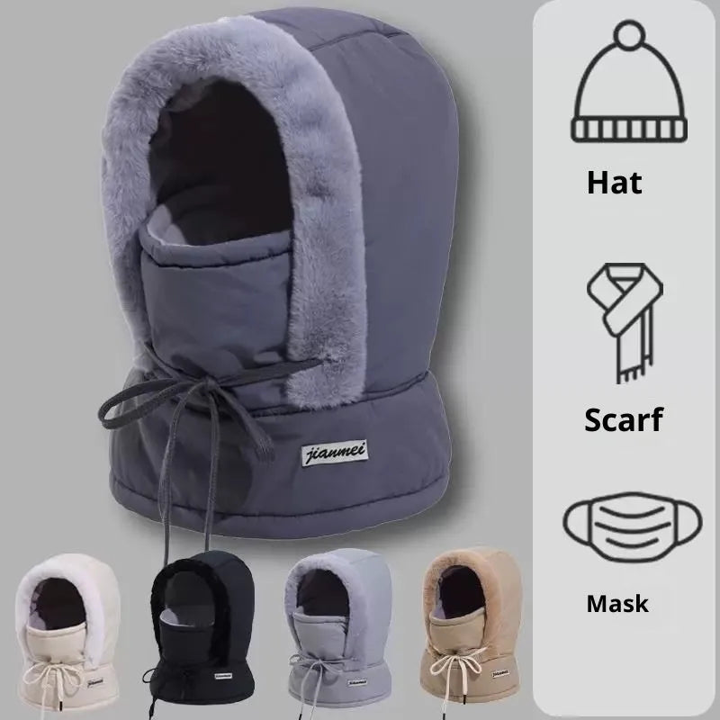 Cold-proof ushanka cap with integrated mask in black artificial leather, dome crown style for winter wind protection