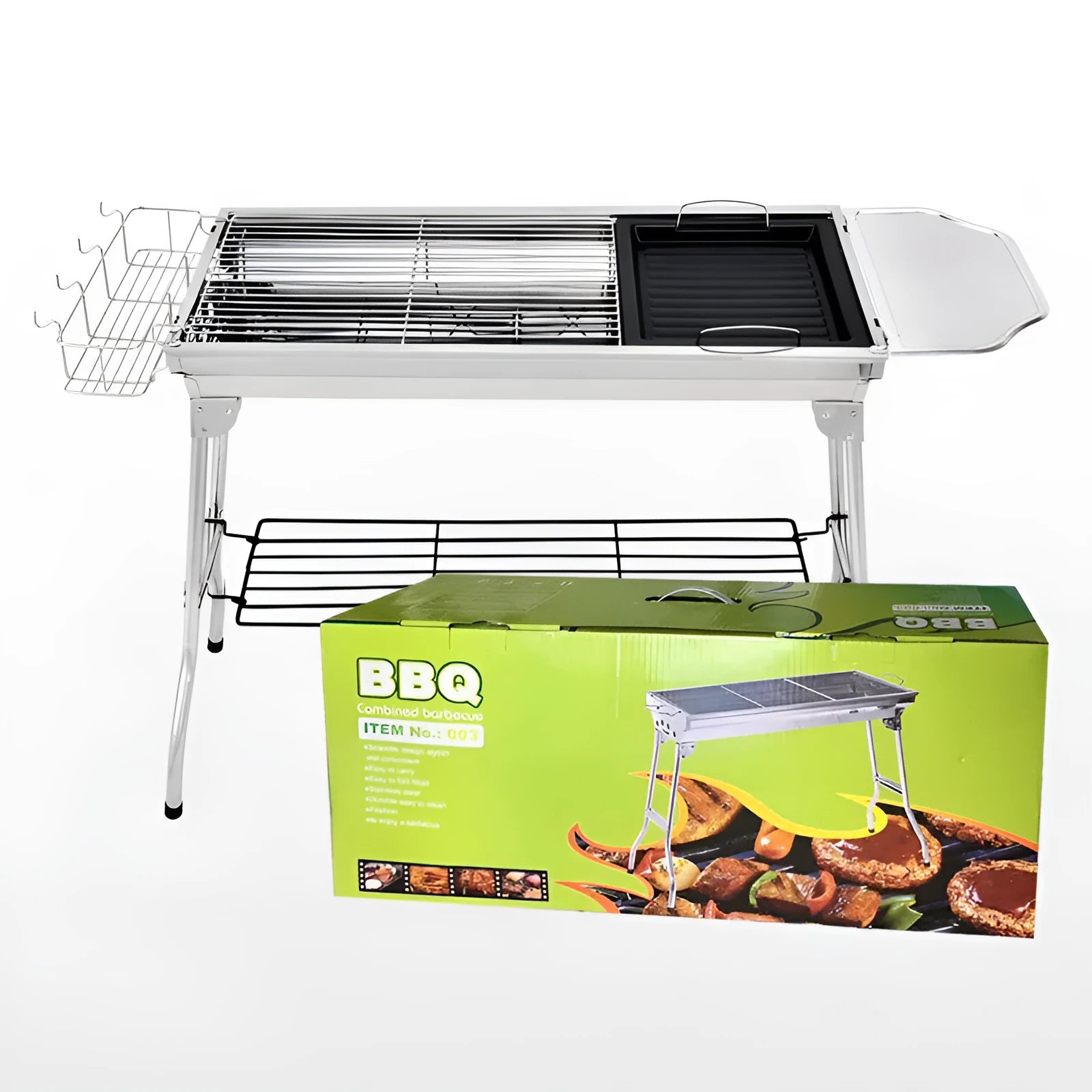 Stainless steel portable folding barbecue grill oven with dimensions 73cm by 33.5cm by 70cm.