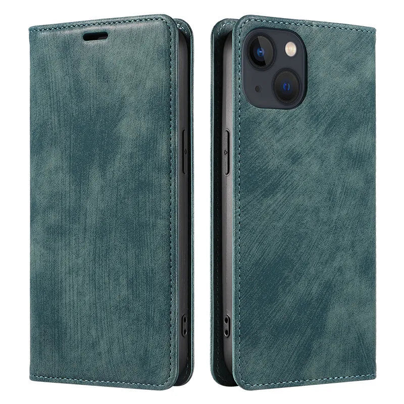 Black magnetic leather flip phone case for iPhone shown closed and open, displaying interior TPU shell and precise port cutouts.