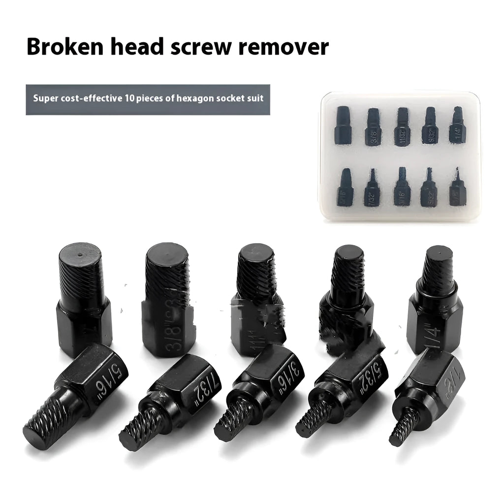 10-piece metal screw extractor set for broken head screws and stud removal without plastic box