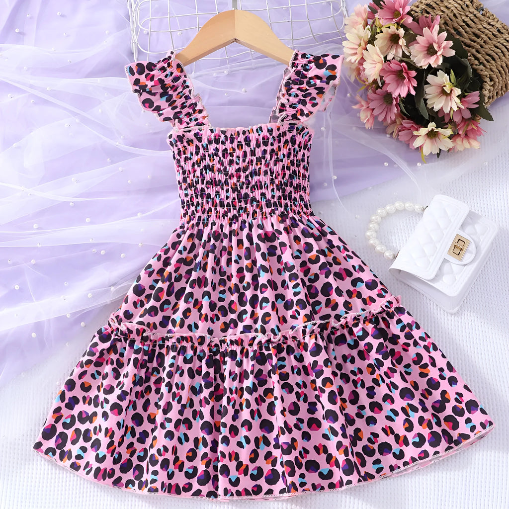 Children sleeveless smocking multicolor dress with leopard print butterfly and rainbow design for girls ages 2-7