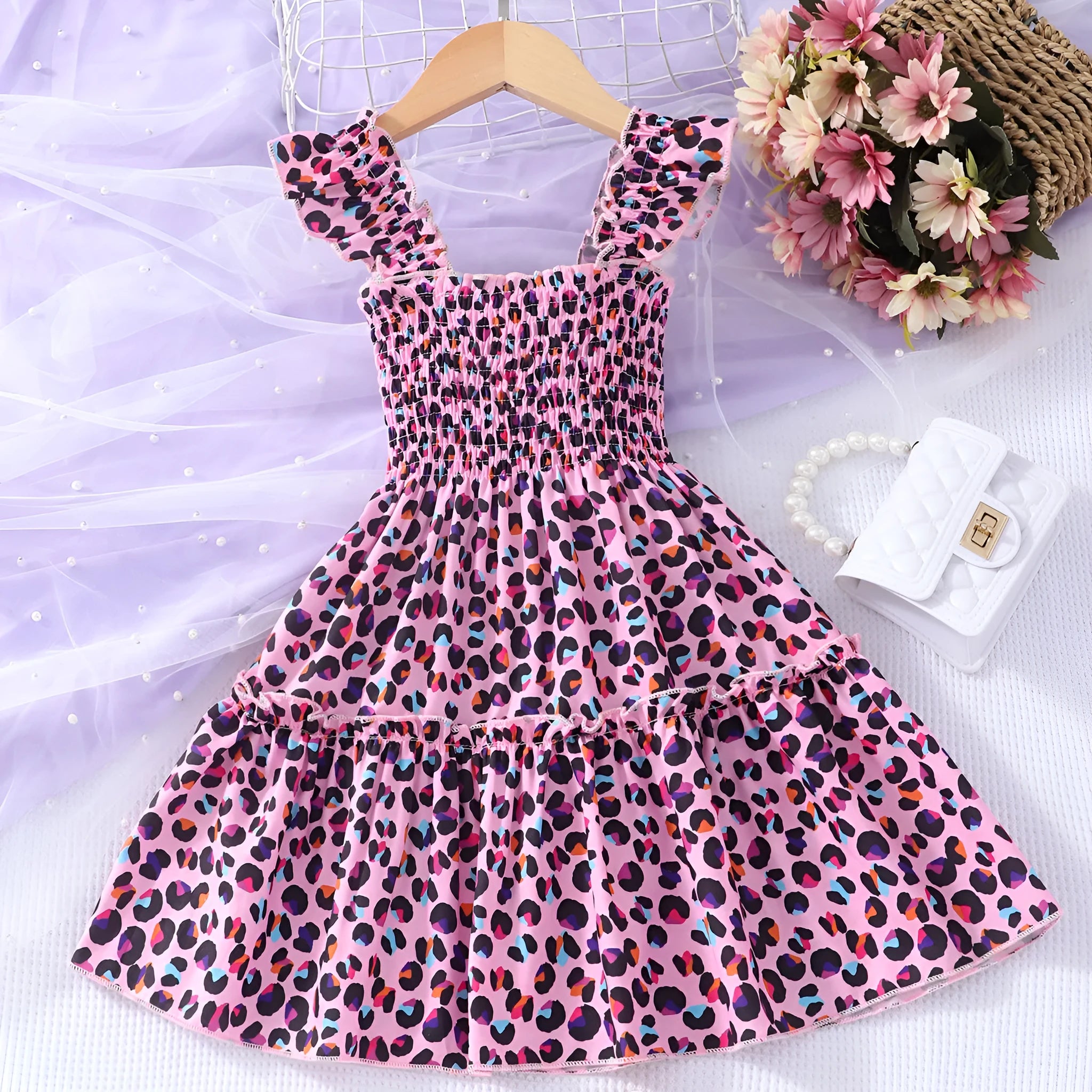 Children sleeveless smocking multicolor dress with leopard print butterfly and rainbow design for girls ages 2-7