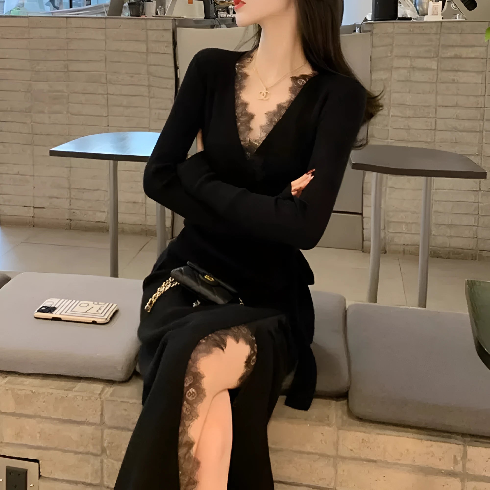 Women's black slim-fit polyester skirt with a princess dress cut