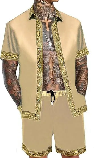 Men's casual loose short sleeve shirt and shorts set in Hawaiian suit style, polyester, eight styles, sizes S to 4XL