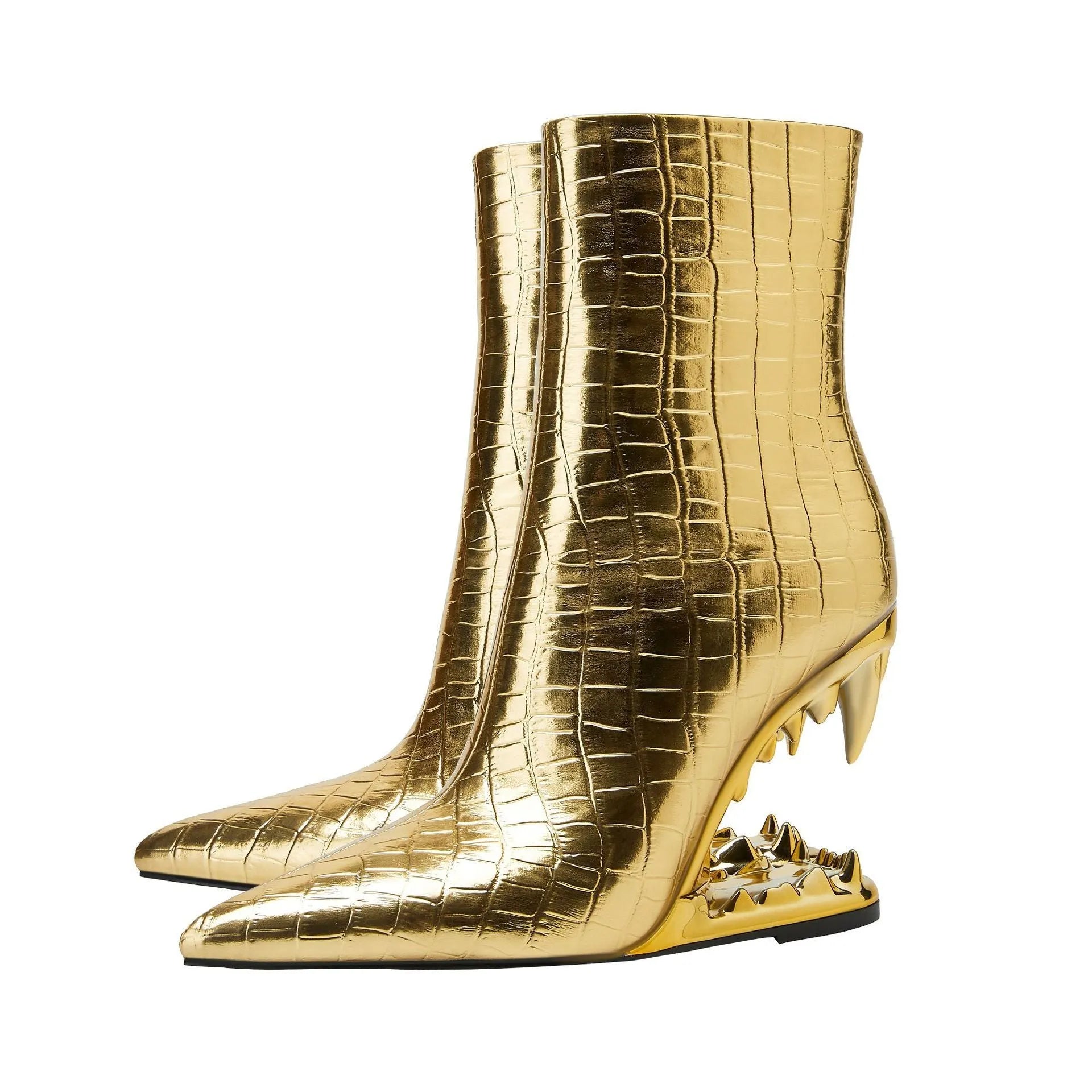 Gold women's pointed tiger tooth heel wedge shoes with side zipper and rubber sole