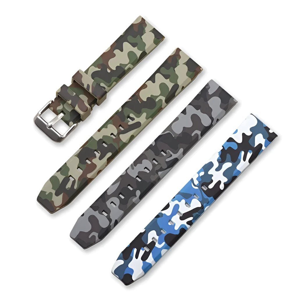 Blue camouflage silicone watch strap showing flat head design and texture.